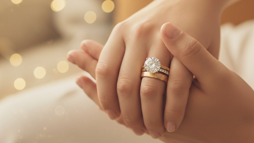 結婚指輪と婚約指輪を重ねてつけた手元のアップ（お客様の声）